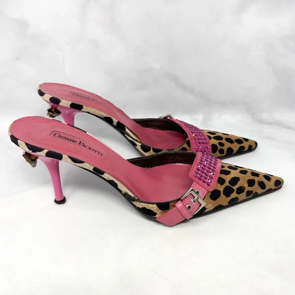 Cesare Paciotti Vintage Y2K Leopard Embellished Pointe Toe Kitten Heel Mules 36 - Picture 3 of 14